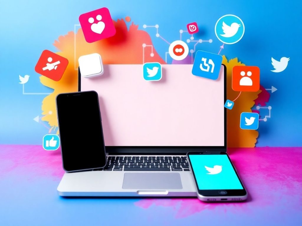 Laptop și smartphone cu iconițe de social media.
