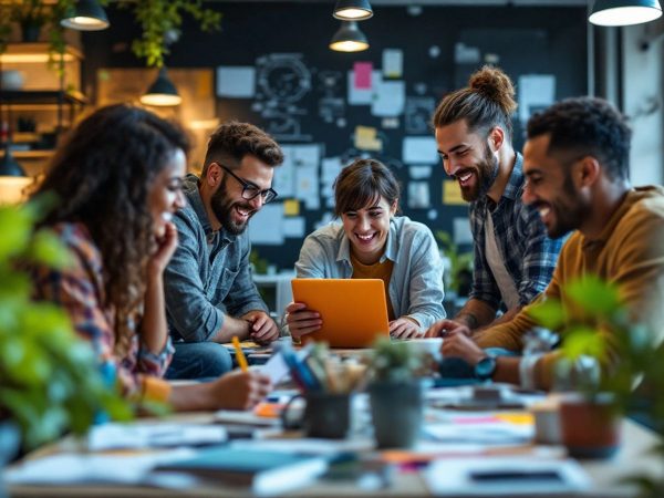 Echipă de startup colaborând într-un birou modern.