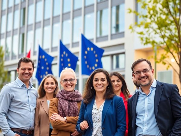 Oameni zâmbitori, clădiri moderne, steaguri europene, bani.